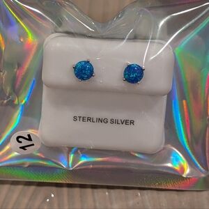 Sterling Silver Blue Fire Opal Stud Earrings New